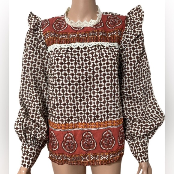 MINE Boho Blouse Women’s Size M Puff Sleeve Victorian Lace Trim Floral P… - Picture 3 of 10